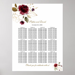 Elegantes Burgundy Gold Floral Wedding Chart Poster