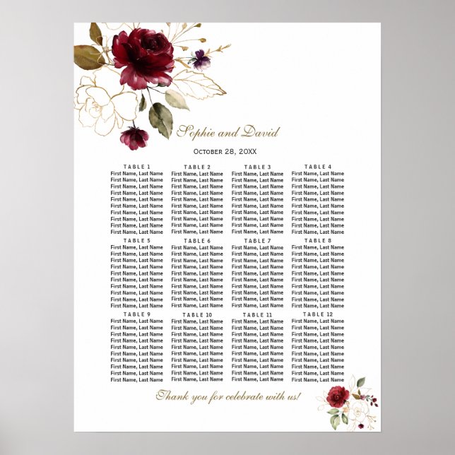 Elegantes Burgundy Gold Floral Wedding Chart Poster (Vorne)