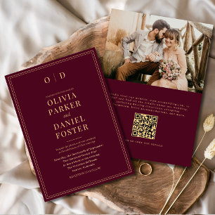 Elegantes Burgundy Gold Foto QR Code Wedding Einladung