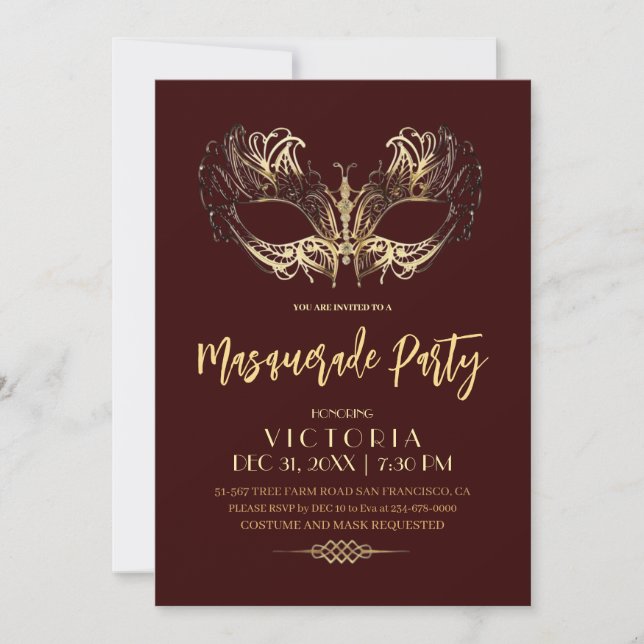 Elegantes Burgundy Gold Masquerade Party Geburtsta Einladung (Vorderseite)
