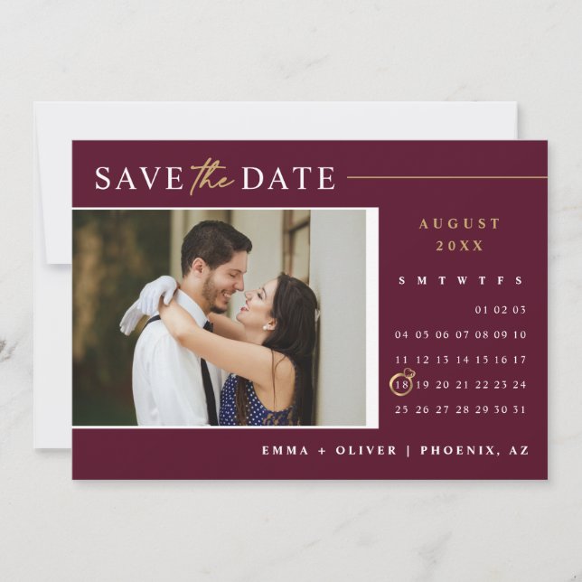 Elegantes Burgundy Gold Save the Date Calendar Fot Einladung (Vorderseite)