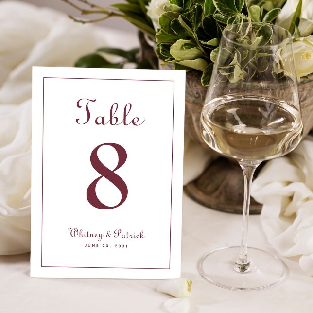 Elegantes Burgundy Hochzeitstisch Tischnummer (Elegant Burgundy Wedding Reception Table Formal Table Number)