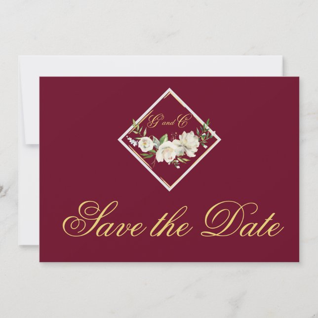 Elegantes Burgundy Monogram Gold Save the Date (Vorderseite)
