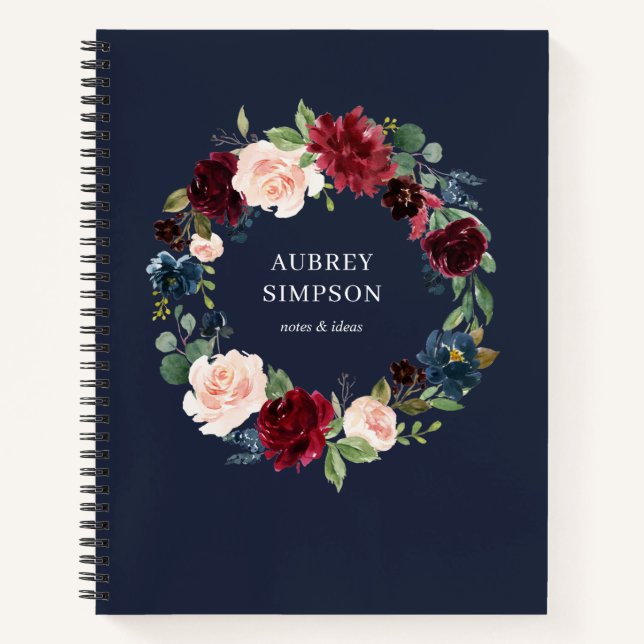 Elegantes Burgundy Navy Blue Flowers Notebook Notizbuch (Vorderseite)