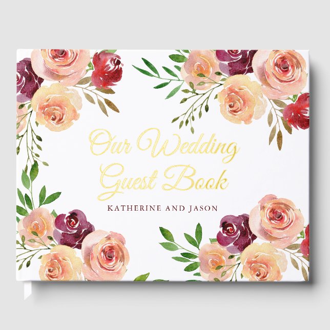 Elegantes Burgundy Peach Floral Wedding Gold Foil Gästebuch (Vorderseite)