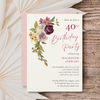 Elegantes Burgundy Pink Floral 40. Geburtstag Part Einladung