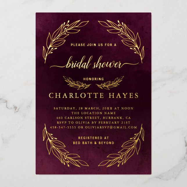 Elegantes Burgundy Red and Gold Brautparty Folieneinladung (Vorderseite)