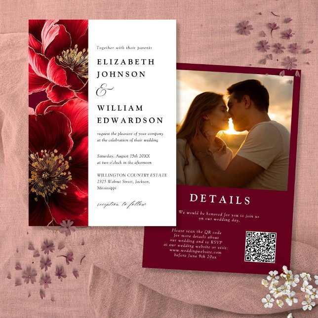 Elegantes Burgundy Red Floral Foto QR Code Hochzei Einladung (Elegant Burgundy Red Floral Photo QR Code Wedding Invitation)