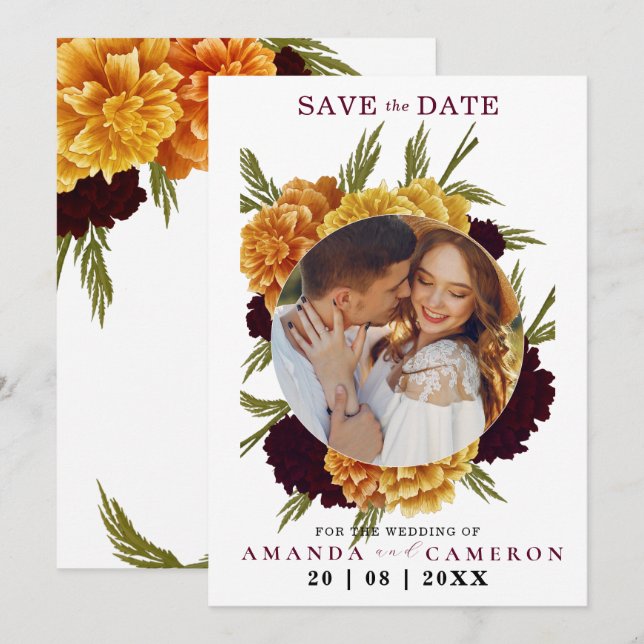 Elegantes Burgundy Red Watercolor "MARIGOLD" Foto Save The Date (Vorne/Hinten)