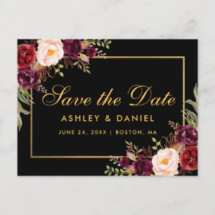 Elegantes Burgundy Schwarzes Gold Save the Date Ankündigungspostkarte