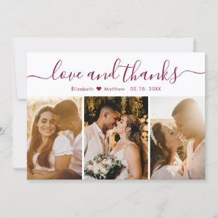 Elegantes Burgundy Script 3 Foto Collage Wedding Dankeskarte