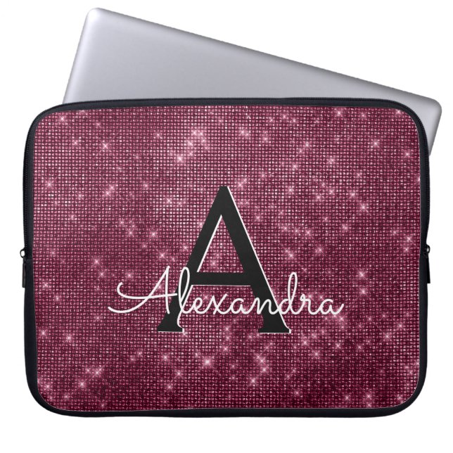 Elegantes Burgundy Shimmer und Sparkle Monogram Laptopschutzhülle (Vorderseite)