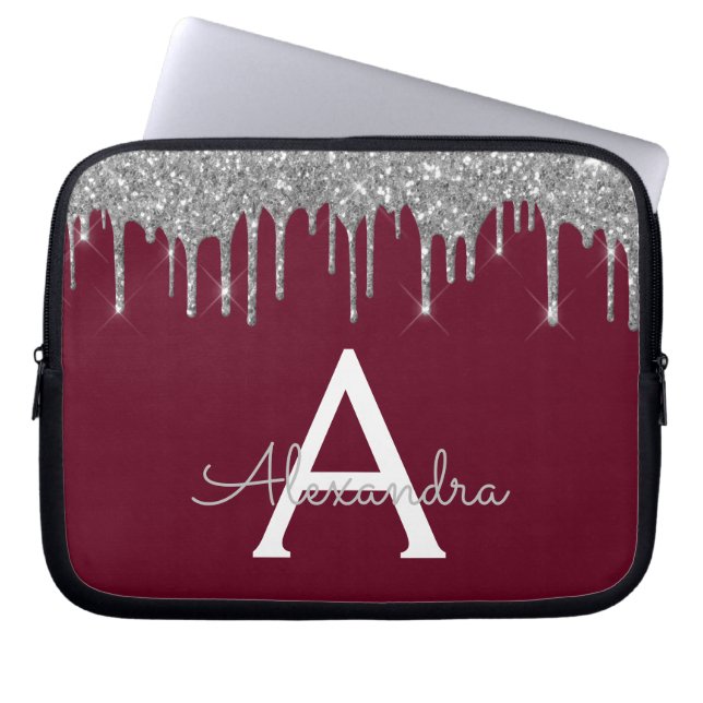 Elegantes Burgundy Silver Glitzer Sparkle Monogram Laptopschutzhülle (Vorderseite)