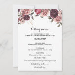 Elegantes Burgundy Summer Floral Kissing Menu<br><div class="desc">Dieses elegante,  weinbordeauxfarbene Sommermenü mit Blumenküssen eignet sich perfekt für einen modernen Hochzeitsempfang. Das Design besticht durch hübsche bordeauxrote Bordeaux-Bordeaux-Rose,  die hübsch in hübsche Rahmen und Bouquets angeordnet sind.</div>