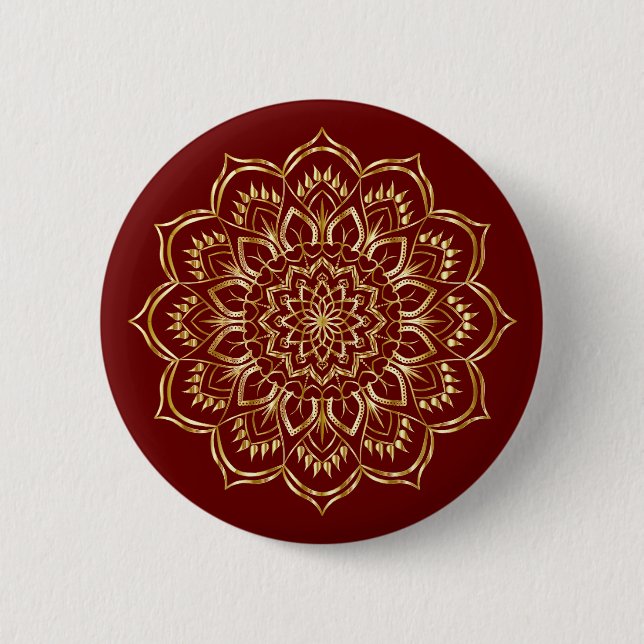 Elegantes Burgundy und Gold Floral Mandala Muster Button (Vorderseite)