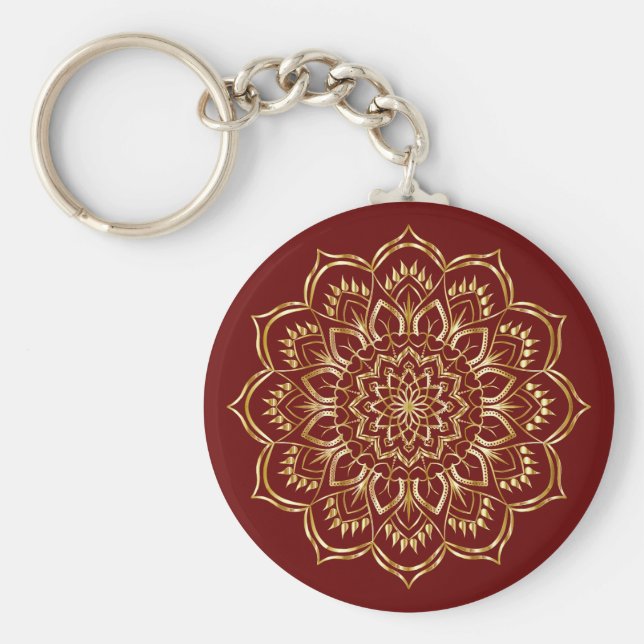 Elegantes Burgundy und Gold Floral Mandala Muster Schlüsselanhänger (Vorne)