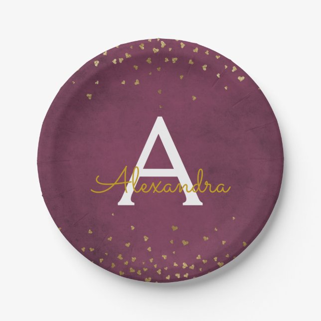 Elegantes Burgundy und Gold Foil Confetti Monogram Pappteller (Vorderseite)