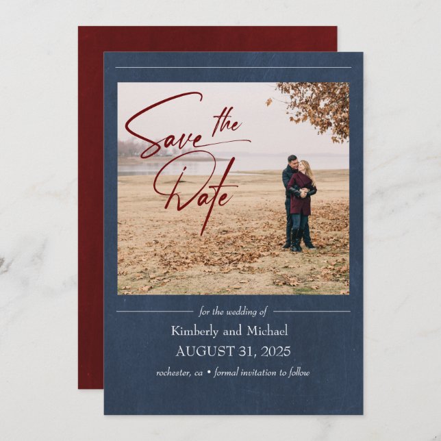 Elegantes Burgundy und Navy Blue Save the Date Fot (Vorne/Hinten)