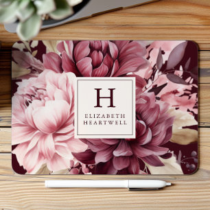 Elegantes Burgundy Watercolor Floral Monogramm Mousepad