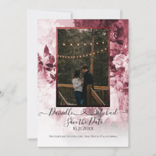 Elegantes Burgundy White Floral Script Heart Foto Save The Date
