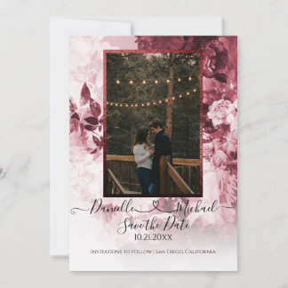 Elegantes Burgundy White Floral Script Heart Foto Save The Date
