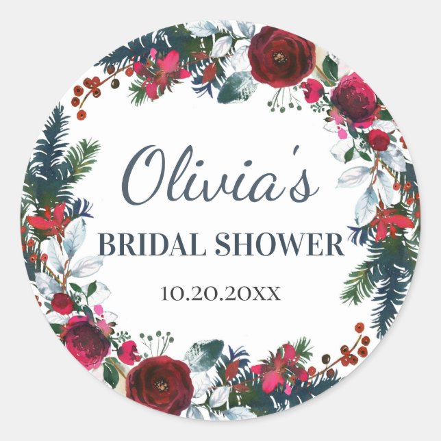 Elegantes Burgundy Winter Rose Blumenkohl BRAUTPAR Runder Aufkleber (Vorderseite)