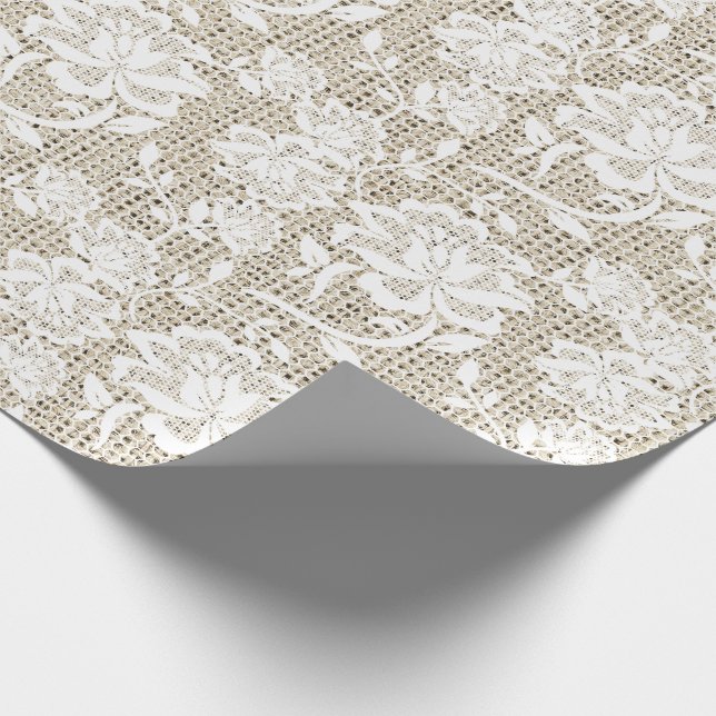Elegantes Burlap- und White Lace Wrapping Paper Geschenkpapier (Ecke)