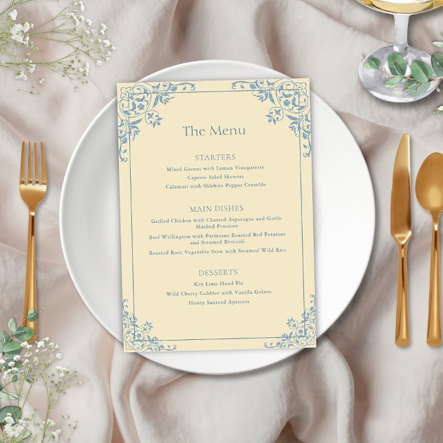 Elegantes Butter-Gelb-Vintag-Rahmen-Hochzeitmenü Menükarte (Elegant butter yellow and dusty blue romantic wedding menu card for vintage old money dinner event)
