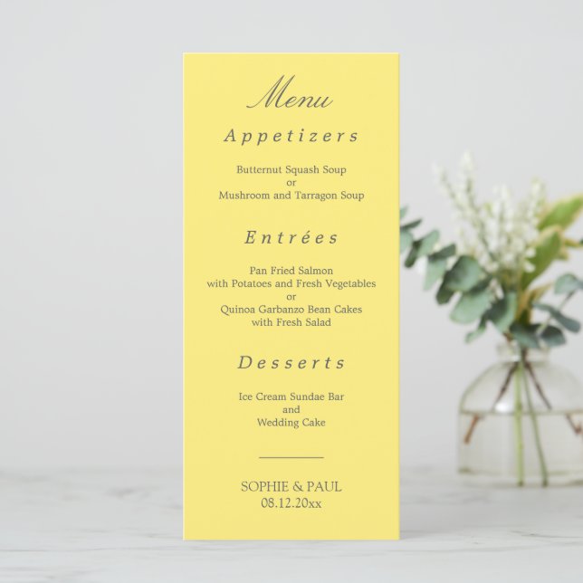 Elegantes Butter Yellow Wedding Menu Menükarte (Stehend Vorderseite)