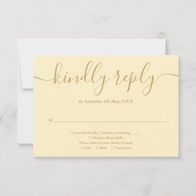 Elegantes Buttercup-Gelb und Gold-Script RSVP Karte (Vorderseite)