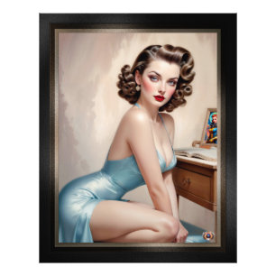 Elegantes Button Girl Beauty in Satin Blue Attrakt Fotodruck