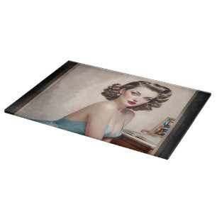 Elegantes Button Girl Beauty in Satin Blue Attrakt Schneidebrett