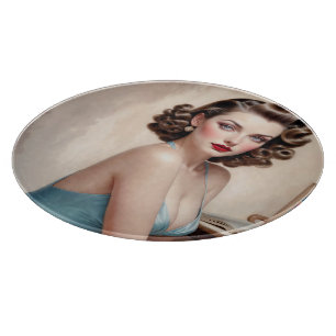 Elegantes Button Girl Beauty in Satin Blue Attrakt Schneidebrett