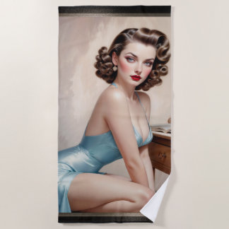 Elegantes Button Girl Beauty in Satin Blue Attrakt Strandtuch