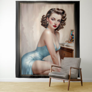 Elegantes Button Girl Beauty in Satin Blue Attrakt Wandteppich