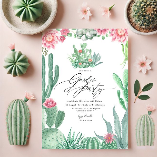 Elegantes Cactus und rosa Blooms Garden Party Einladung (Elegant Cactus and Pink Blooms Garden Party Invitation)
