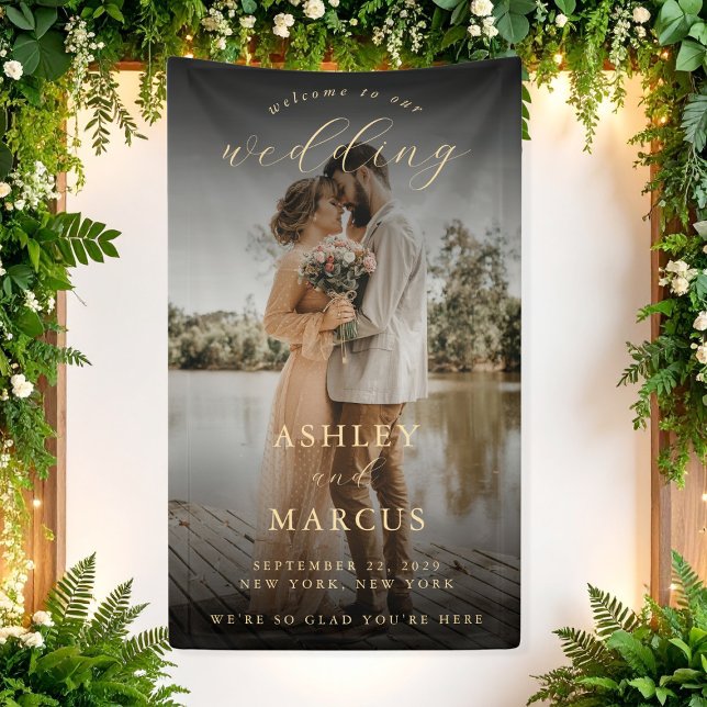 Elegantes Calligrafy Foto Wedding Willkommen Banner (Von Creator hochgeladen)