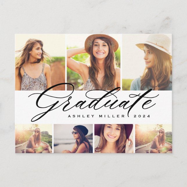 Elegantes Calligrafy Graduate Foto Collage Party Einladungspostkarte (Vorderseite)