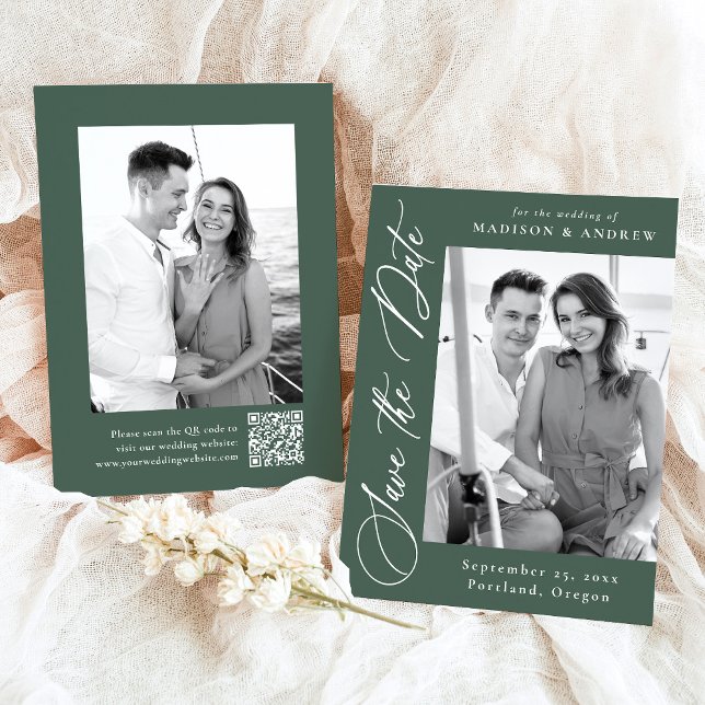 Elegantes Calligrafy Green Foto QR Code Hochzeit Save The Date (Von Creator hochgeladen)