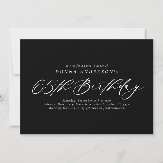 Elegantes Calligrafy Script 65. Geburtstagsparty Einladung (Vorderseite)