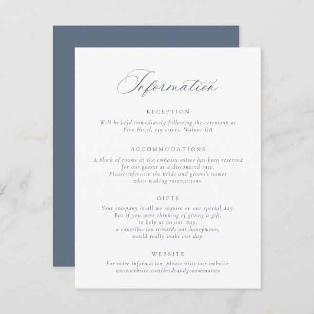 Elegantes Calligrafy Script Dusty Blue Wedding Inf Einladung (Vorne/Hinten)