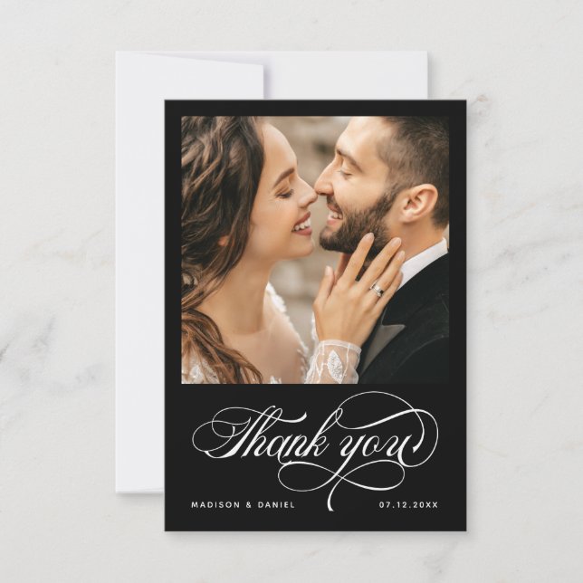 Elegantes Calligrafy Script-Foto Wedding Black Dankeskarte (Vorderseite)