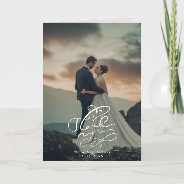 Elegantes Calligrafy Script Wedding Foto Dankeskarte (Vorderseite)