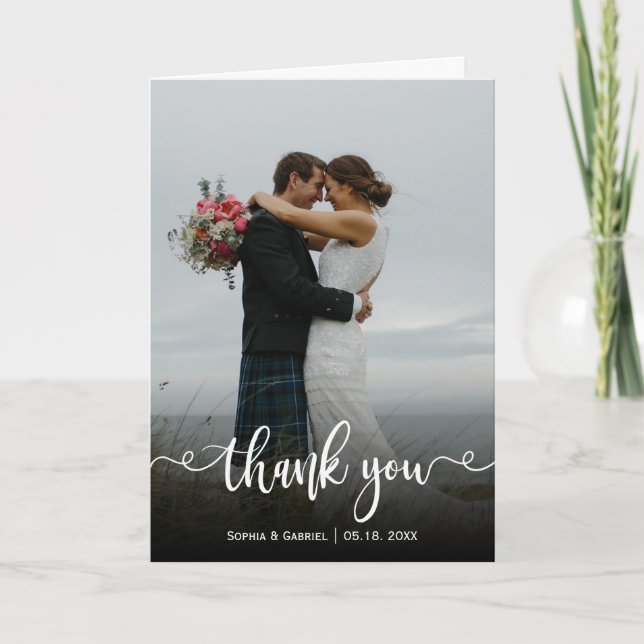 Elegantes Calligrafy Wedding Foto Danke Karte (Vorderseite)