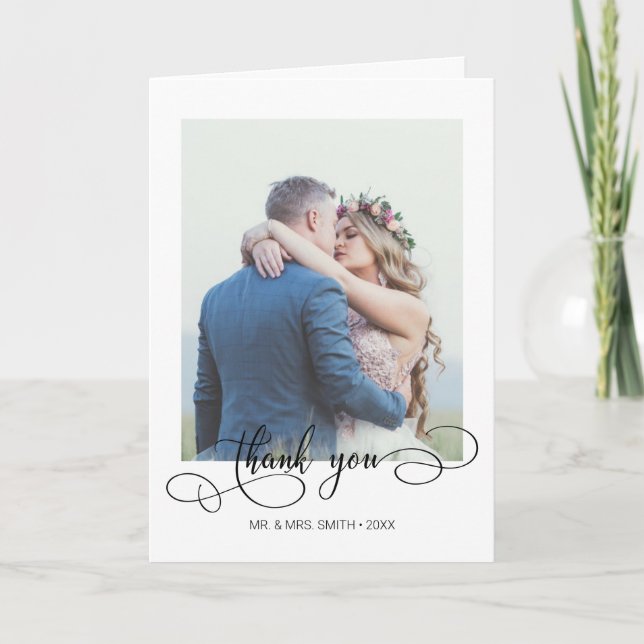 Elegantes Calligrafy Wedding Foto Danke Karte (Vorderseite)