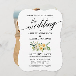 Elegantes Calligrafy Yellow Floral Foto Hochzeit Einladung