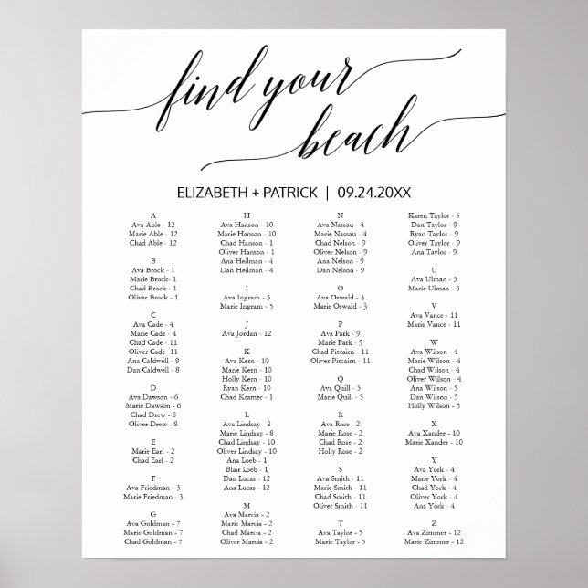 Elegantes Calligraphy Beach Theme Seating Chart Poster (Vorne)