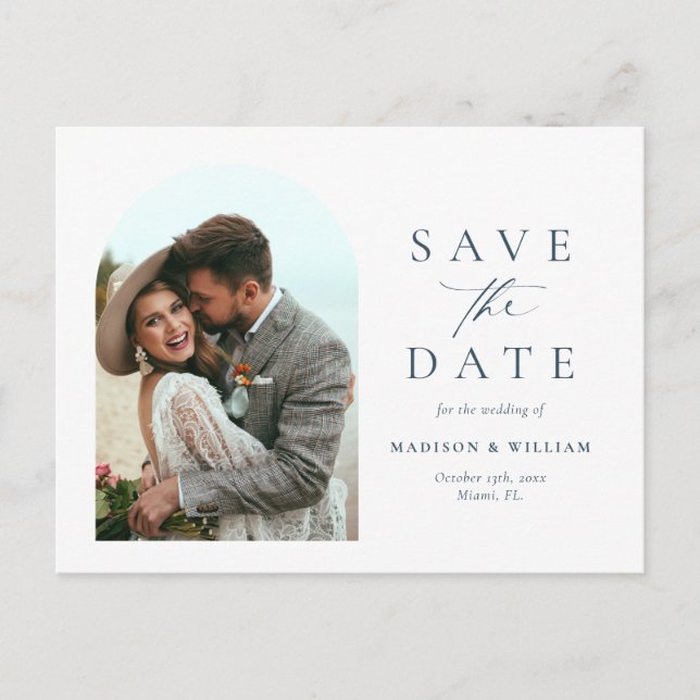 Elegantes Calligraphy Blue Foto Save the Date Postkarte (Vorderseite)