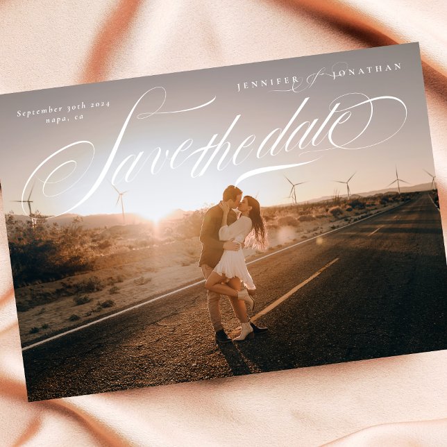 Elegantes Calligraphy Classic QR Code Zwei Foto Save The Date (Von Creator hochgeladen)