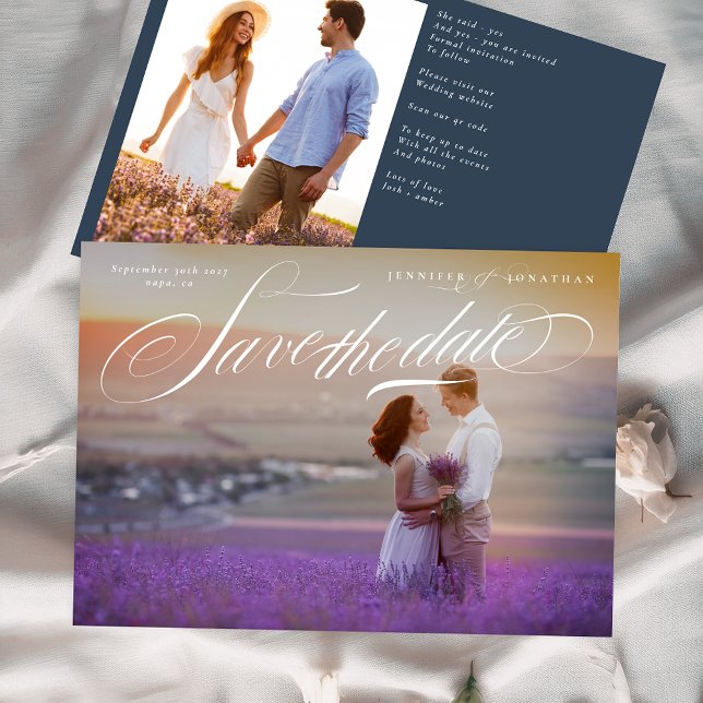 Elegantes Calligraphy Classic QR Code Zwei Foto Save The Date (Von Creator hochgeladen)